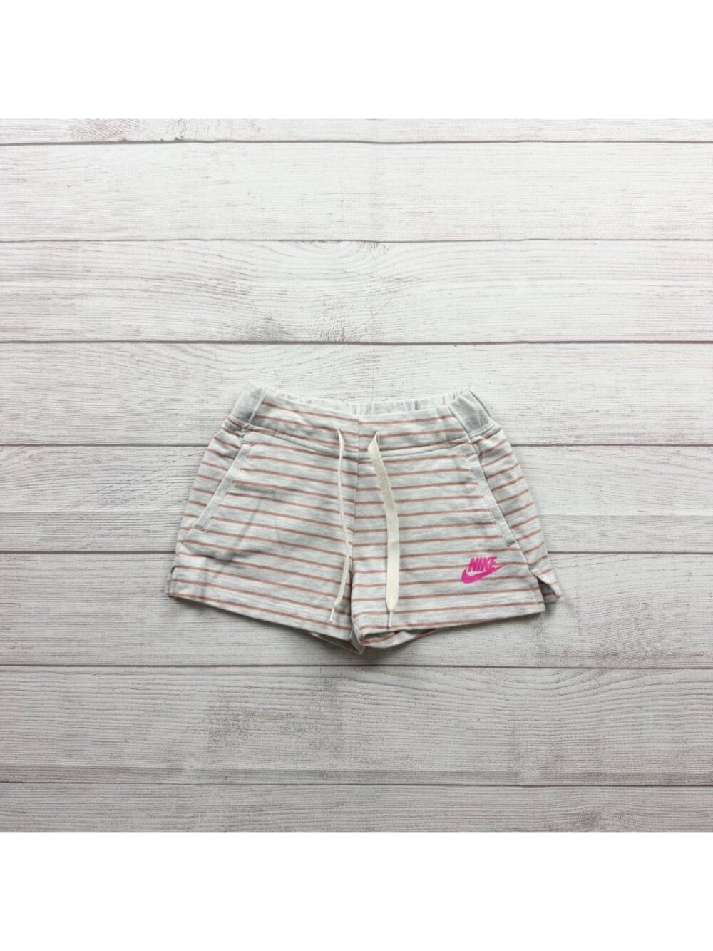Nike Girls Striped Gray French Terry Shorts Pink Logo 6X - Picture 1 of 4